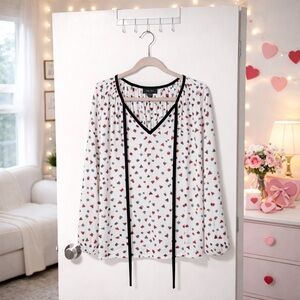 ❤️Romantic Chiffon Red & Black Heart Print Tie-Front Blouse XS Valentine’s Day